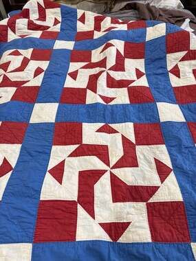 VTG Red White & Blue Pinwheel & Star Patchwork Quilt! Hand stitched quilt READ!